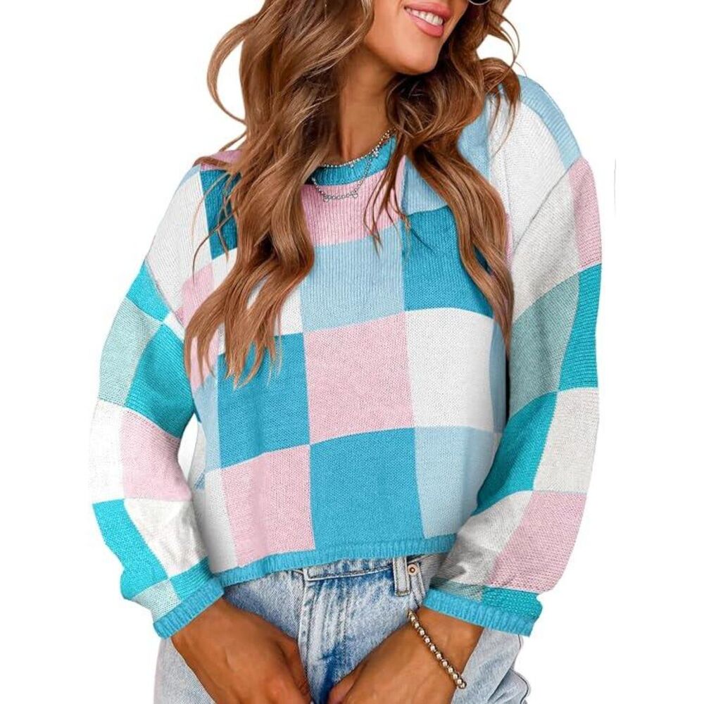 Color Block Cropped Knit Sweater